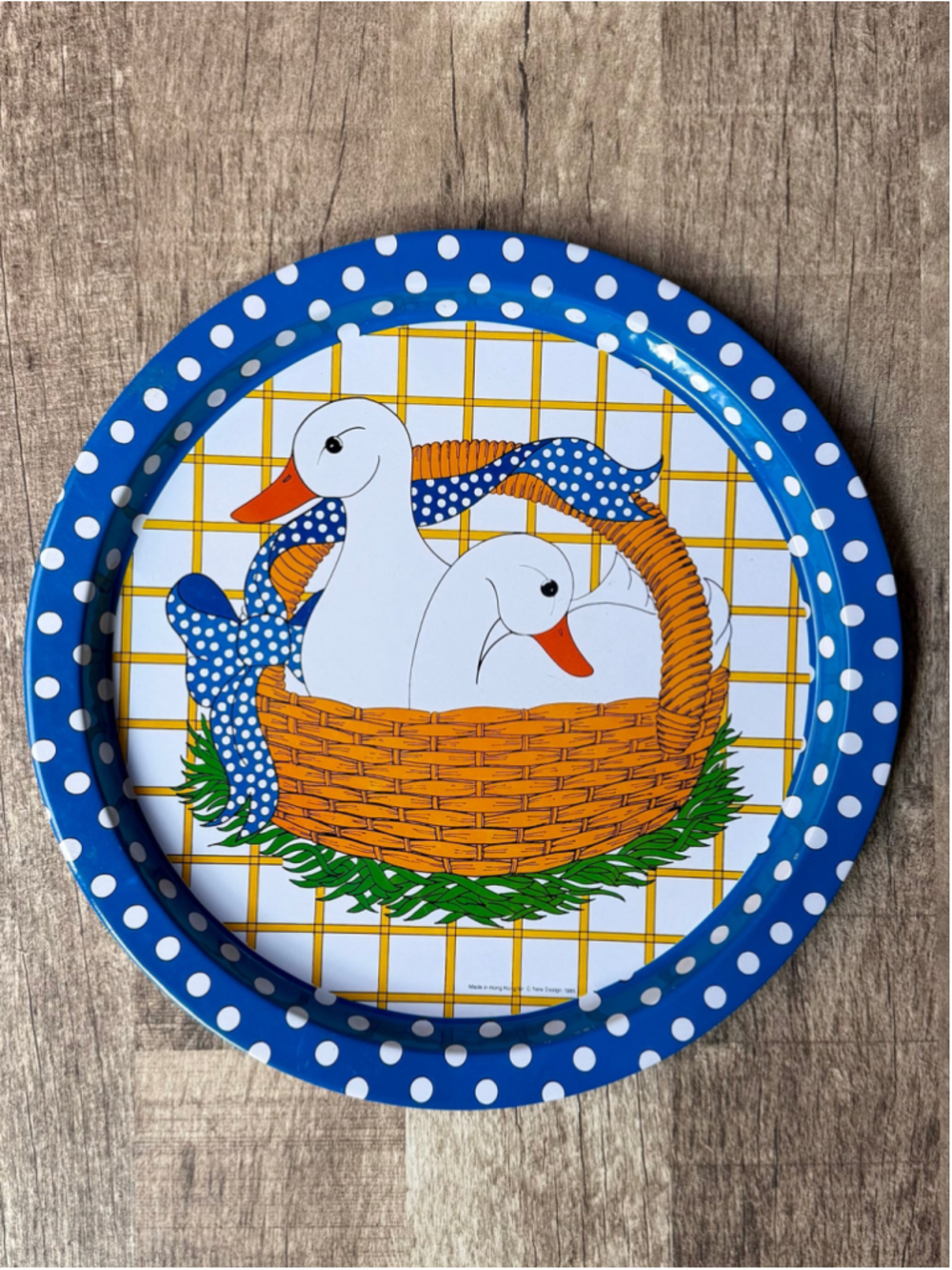 Vintage 1985 Country Ducks Metal Serving Tray Polka Dot Blue Rim New Design 80s